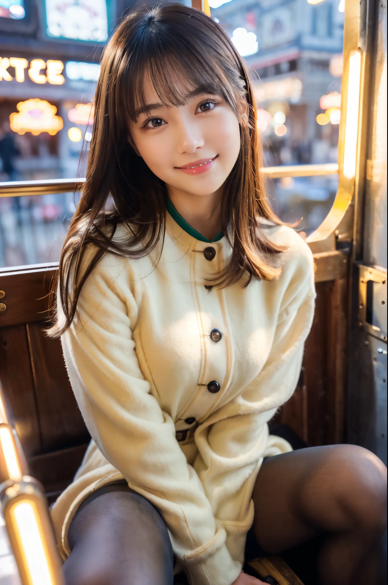 ulzzang -6500-v1.1, (Raw photo:1.2), (Photorealsitic), a beautiful detailed girl, (Real: 1.4), extremely detailed eye and face, beatiful detailed eyes, ((sitting inside the ferris wheel at night:1.3)), ((Thick coat:1.3, Ultra-realistic pantyhose:1.2))、selfee、Instagram、game_nffsw, huge filesize, hight resolution, ighly detailed, top-quality, [​masterpiece:1.6], illustratio, ighly detailed, nffsw, finely detail, top-quality, 8k wallpaper, Cinematographic lighting, 1girl in, 17 age, perfect body type, cute droopy eyes beautiful big eyes、Pieckfinger, ((masutepiece)), Best Quality, 1girl in, eye shadow,  Portrait, ((FULL BODYSHOT:1.4))、(Very affectionate smile:1.2)、realistic skin textures、shinny skin、Exposed thighs!!!