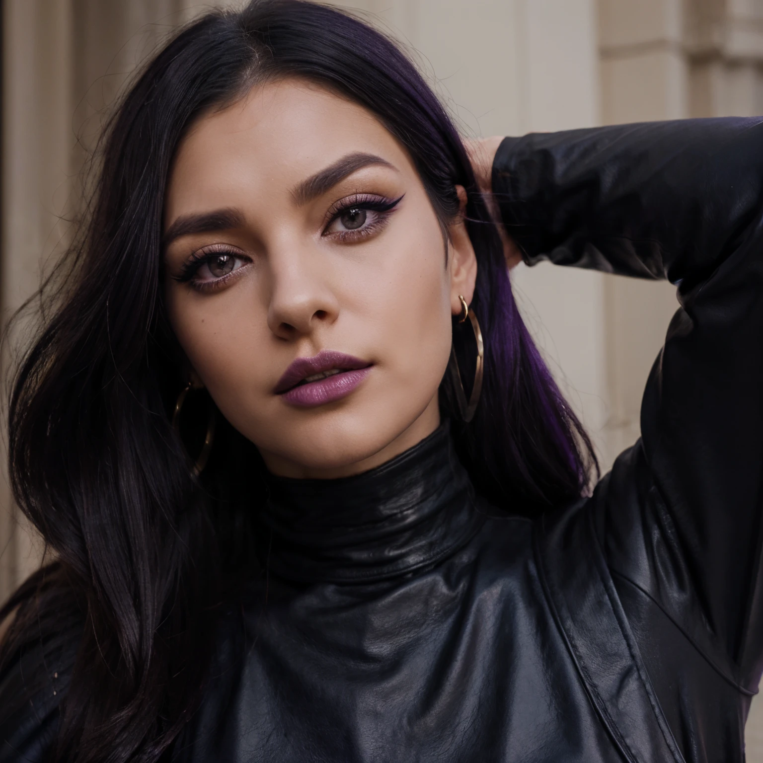 Photorealistic, Portrait of European women, dark purple-black long straight balayage hair, black huge thin hoop earrings, black large bold eyelines, purple bold eyeshadows, huge eyelashes, black leather turtleneck dress, purple lips