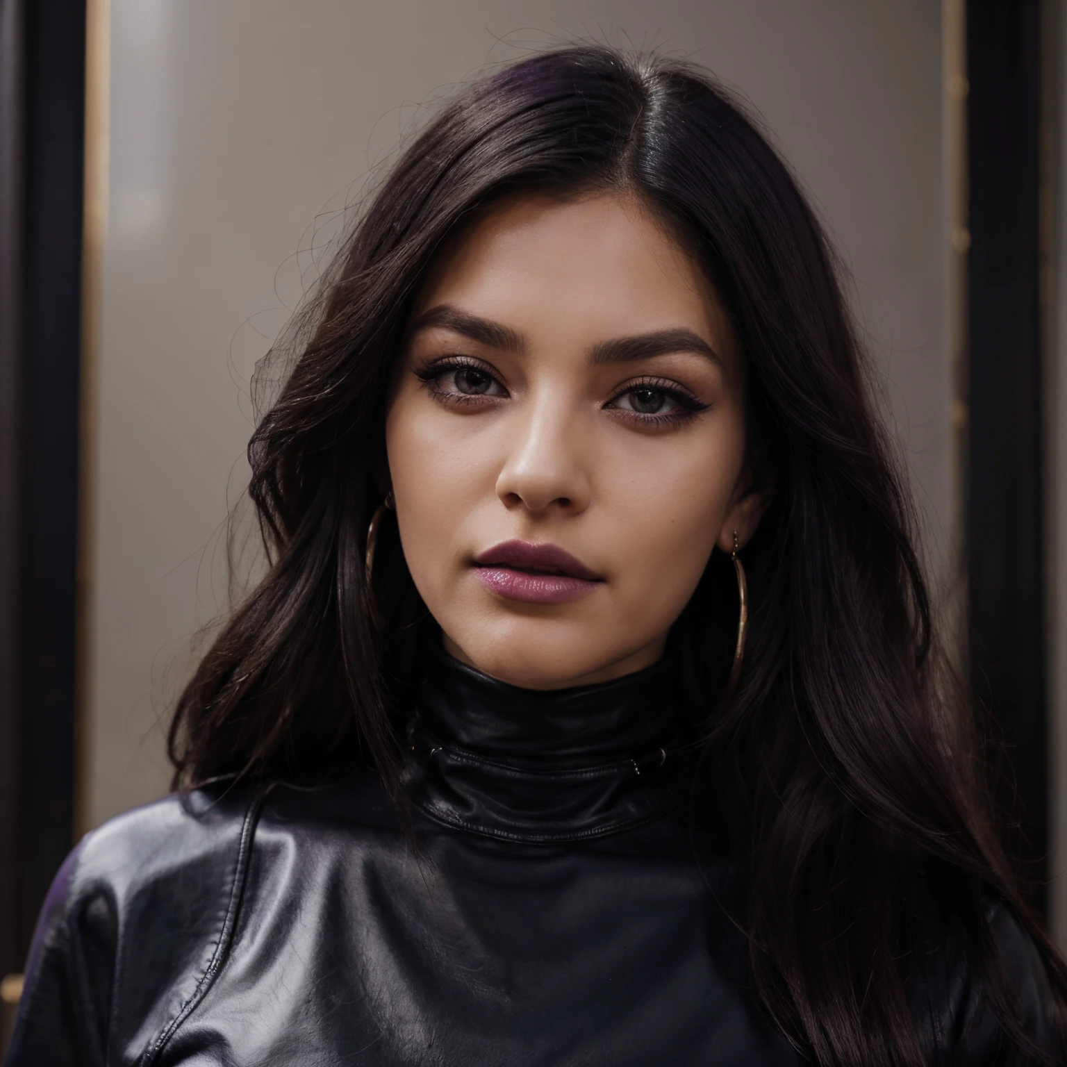 Photorealistic, Portrait of European women, dark purple-black long straight balayage hair, black huge thin hoop earrings, black large bold eyelines, purple bold eyeshadows, huge eyelashes, black leather turtleneck dress, purple lips
