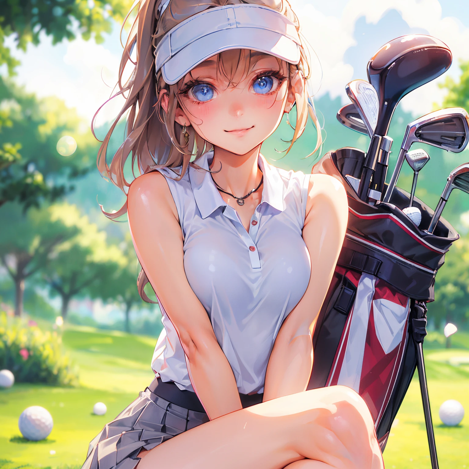 (Best Quality, masutepiece),ultra detailed photographic,1girl in, Female Golfer,Skirt,Large breasts,nice legs,At the golf venue,Detailed beautiful face,Beautiful eyes,detailed hairs,detailed  clothes,Detailed realistic skin,Pretty,Smile,Dynamic Angle,