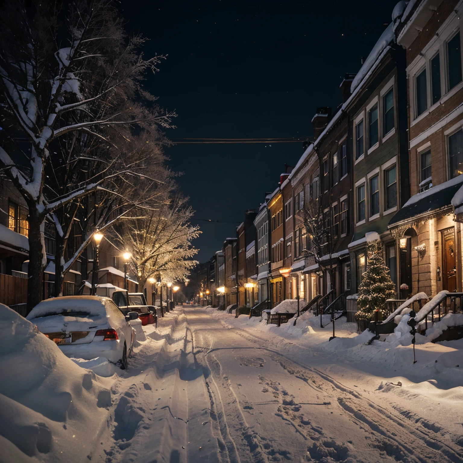 At Christmas time, there is heavy snow on the street in the city, there is frost on the trees on both sides of the street, and the houses in the city are lit up in beautiful colors,resloutin 8k,digital.