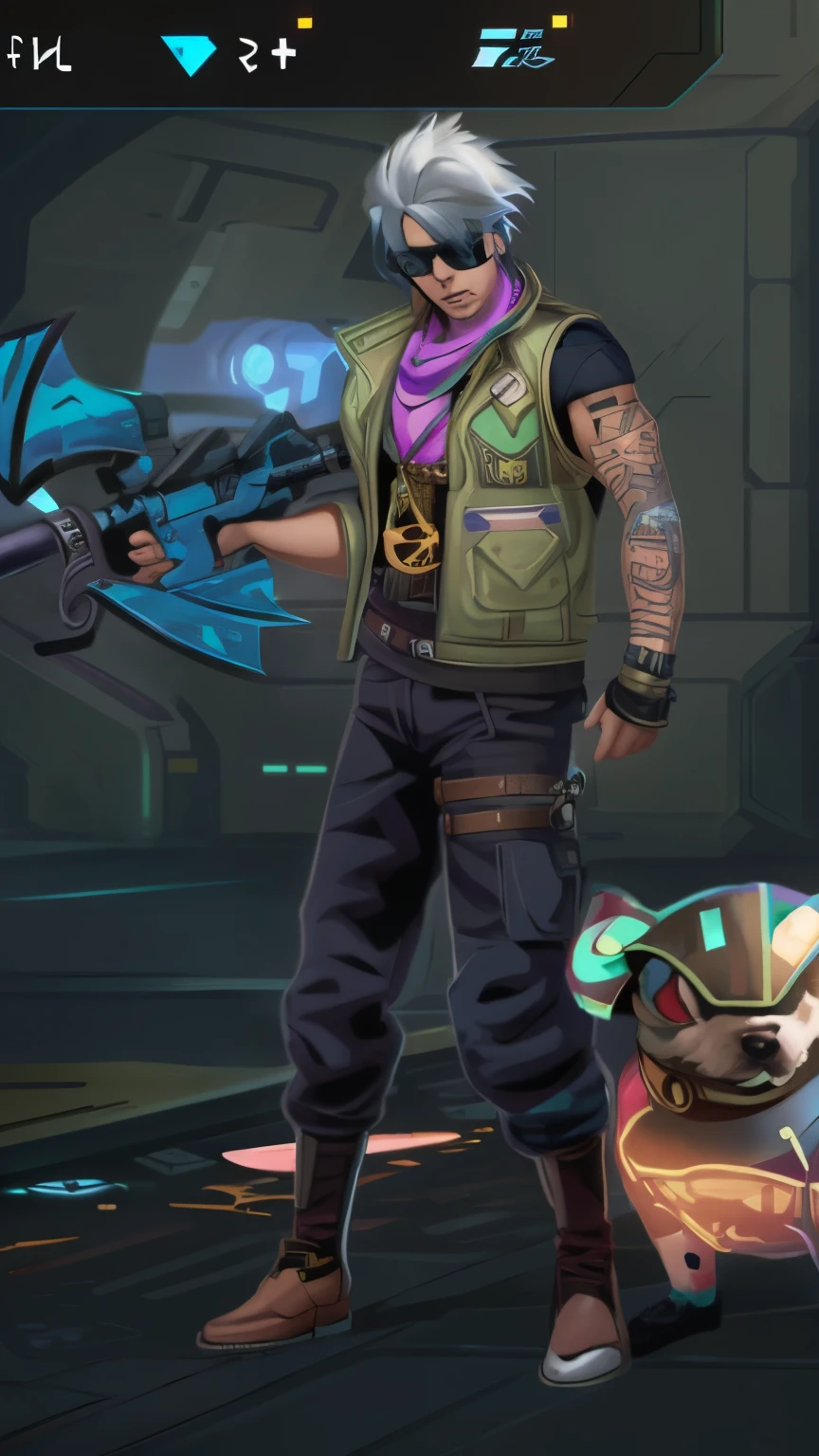 there is a man with a sword and a dog in a room, style of starfinder, starfinder character, mechanic punk outfit, cyberpunk street goon, shadowrun splash art, cyberpunk dude, shadowrun character art, character art the contra, starfinder style, background artwork, cyberpunk pikachu, as a character in tekken, detailed full body concept