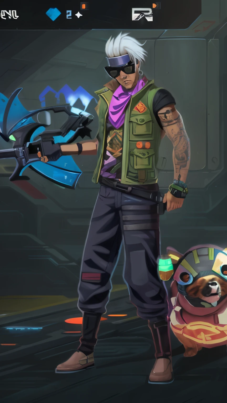 there is a man with a sword and a dog in a room, style of starfinder, starfinder character, mechanic punk outfit, cyberpunk street goon, shadowrun splash art, cyberpunk dude, shadowrun character art, character art the contra, starfinder style, background artwork, cyberpunk pikachu, as a character in tekken, detailed full body concept