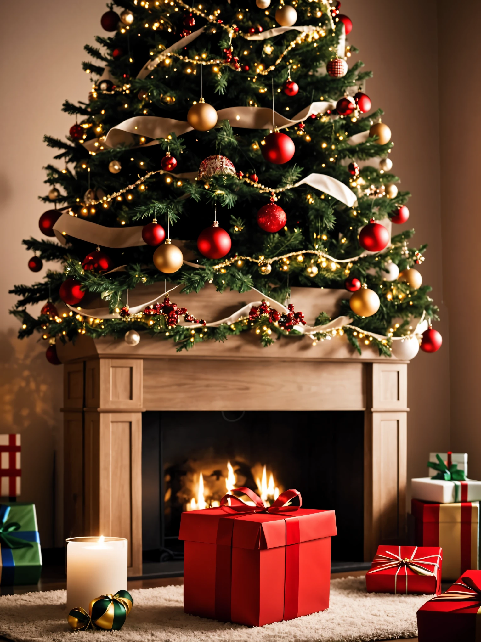 (best quality,4k,8k,highres,masterpiece:1.2),ultra-detailed,realistic,gifts,table,Christmas tree,decorations,wrapping ,bows,ribbon,presents,holiday spirit,vibrant colors,warm lighting,cozy atmosphere,toys,cards,candles,snowflakes,joyful,celebration,exquisite details,exciting surprises,shiny ornaments,sparkling tinsel,beautifully wrapped,excited children,anticipation,festive mood,magical ambiance,delightful moment,wonderful memories,family gathering,cheerful faces,Christmas magic,extravagant,abundance of presents,HDR,UHD,studio lighting,ultra-fine painting,sharp focus,physically-based rendering,professional,vivid colors,bokeh.