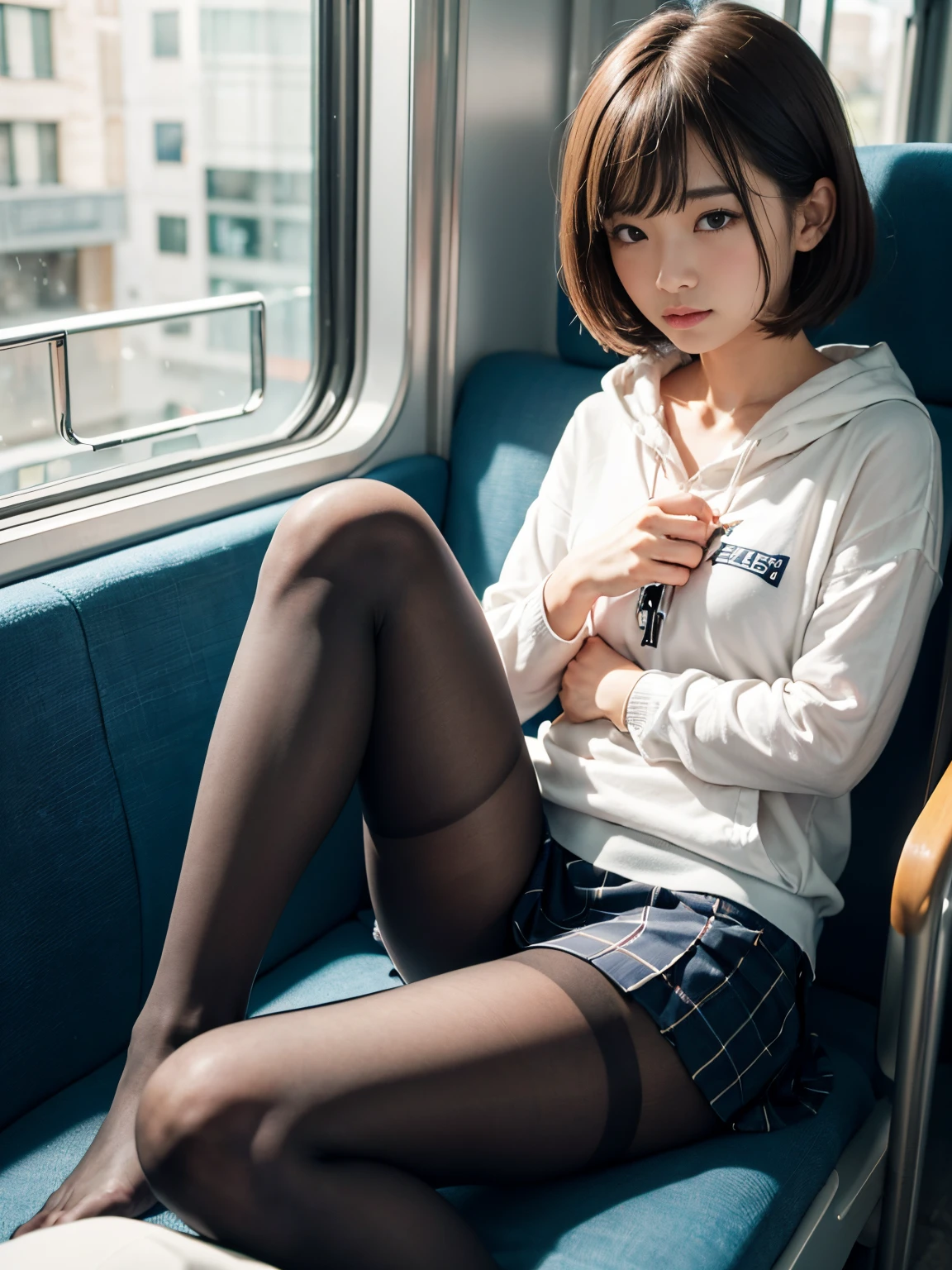 (​masterpiece、ultra-detailliert、8K、Raw photography、top-quality:1.5)、((Awesome))、1人の女性、beautiful detailed hand、Shorthair with bangs、(((Black pantyhose)))、(((legs crossed)))、hi-school girl、18year old、((directly in front))、校服、Wearing a black hoodie、((navy check mini skirt))、On the train、blue-sky、sitting on