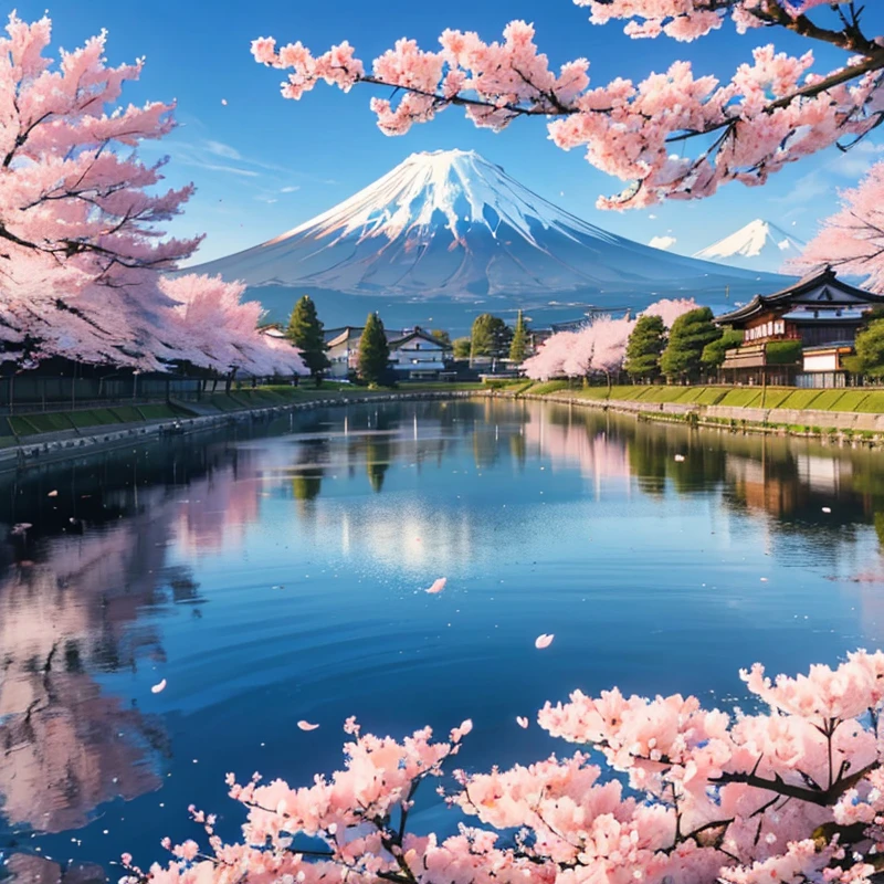 Monte fuji, visto do lago, clouds all over the sky, um sol entre a nuvem central, cherry blossom trees on the banks of the lake, old Japanese-style houses on the banks of the lake, 4k, detalhado, ceu bonito.