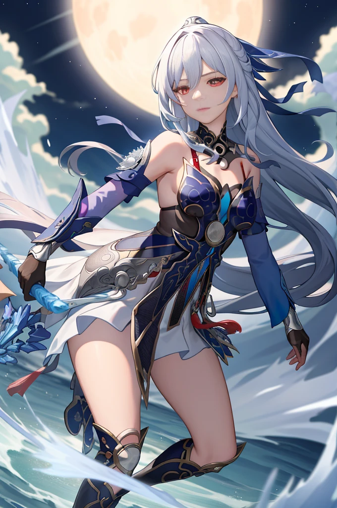 masterpiece, best quality, JingliuV5, 1girl, solo, looking at viewer, red eyes, gloves, dress, holding, bare shoulders, closed mouth, weapon, boots, sky, black gloves, sword, holding weapon, night, holding sword, moon, night sky, full moon,