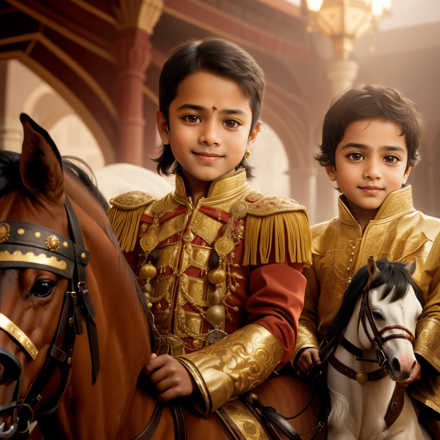 there are two Indian royal fantasy traditional children that are riding on a horse, the horse and his boy, royal portrait, high quality portrait, royal portrait painting, detailed portrait, portait photo profile picture, photoshopped, photoshoped, next gen, highly detailed photo portrait, digital art. photo realistic, portrait photoreal, medieval times, colorized background, photo manipulation, emir, cute boys