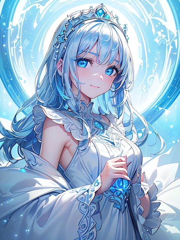 ((​masterpiece、top-quality:1.5、a high chroma:1.5、ultra-detailliert、high-resolution illustrations:1.5、Ultra-high-definition CG、8k size wallpaper、offcial art))、(spiral of light),(highly colorful:1.5),(front view:1.8),(1girl),(Cute little girl s:1.5)、(Shining blue eyes:1.5),(Beautiful face:1.5,Beautiful eyes:1.5)、(close to viewer:1.5),
(forced smile:1.3)、(sexy body),((Detailed fantasy 、white princess dress:1.5)),((intricate detailes,detailed princess dress)), (Beautiful princess dress in every detail),(medium breasts:1.5),,(Shining blue eyes:1.8)、(upper body:1.8)、(),white princess dress ,Fantasy,​​colourfull