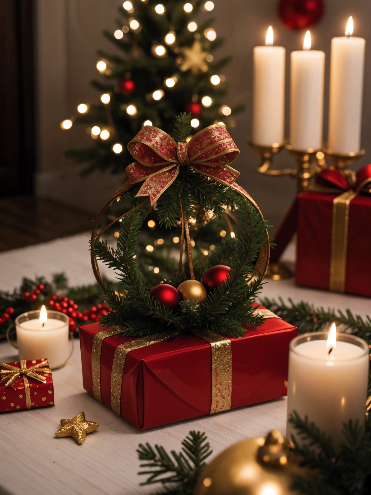 (best quality,4k,8k,highres,masterpiece:1.2),ultra-detailed,realistic,gifts,table,Christmas tree,decorations,wrapping ,bows,ribbon,presents,holiday spirit,vibrant colors,warm lighting,cozy atmosphere,toys,cards,candles,snowflakes,joyful,celebration,exquisite details,exciting surprises,shiny ornaments,sparkling tinsel,beautifully wrapped,excited children,anticipation,festive mood,magical ambiance,delightful moment,wonderful memories,family gathering,cheerful faces,Christmas magic,extravagant,abundance of presents,HDR,UHD,studio lighting,ultra-fine painting,sharp focus,physically-based rendering,professional,vivid colors,bokeh.