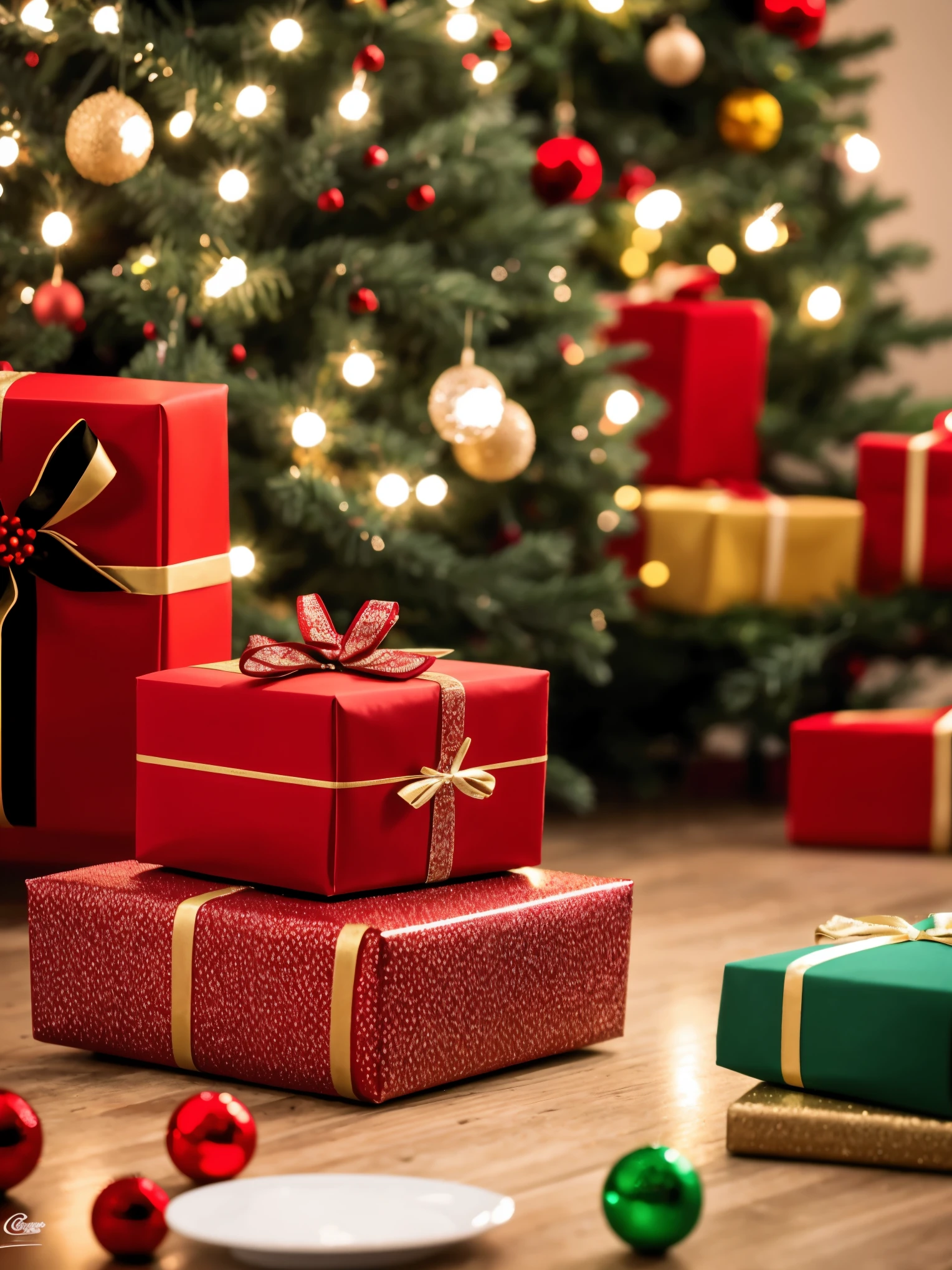(best quality,4k,8k,highres,masterpiece:1.2),ultra-detailed,realistic,gifts,table,Christmas tree,decorations,wrapping ,bows,ribbon,presents,holiday spirit,vibrant colors,warm lighting,cozy atmosphere,toys,cards,candles,snowflakes,joyful,celebration,exquisite details,exciting surprises,shiny ornaments,sparkling tinsel,beautifully wrapped,excited children,anticipation,festive mood,magical ambiance,delightful moment,wonderful memories,family gathering,cheerful faces,Christmas magic,extravagant,abundance of presents,HDR,UHD,studio lighting,ultra-fine painting,sharp focus,physically-based rendering,professional,vivid colors,bokeh.