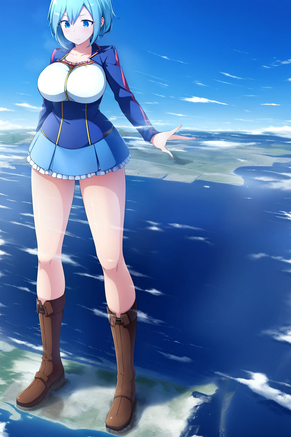 an anime female character standing on a mountain top next to a city, 1girl, solo, giantess, sky, giant, cloud, day, full body, blue sky, city, breasts