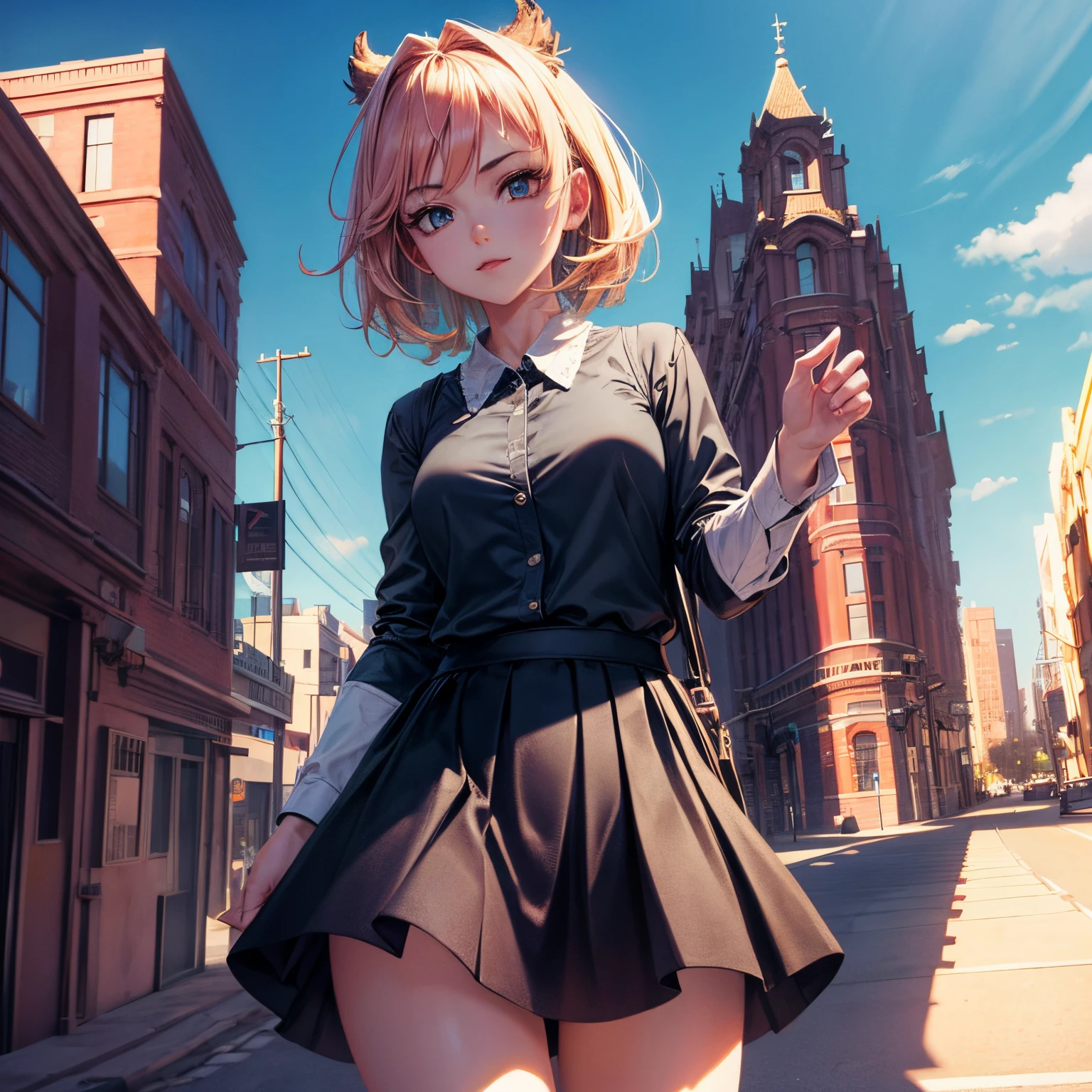 (Single Girl, Best Quality, Detailed Face, Detailed Eyes), (Highly Detailed 8K Background, Best Shadow), Highly Detailed, ((Short Skirt and Shirt, Daylight))), (Cowboy Shot), Anime, City, Best High quality detail, 4K