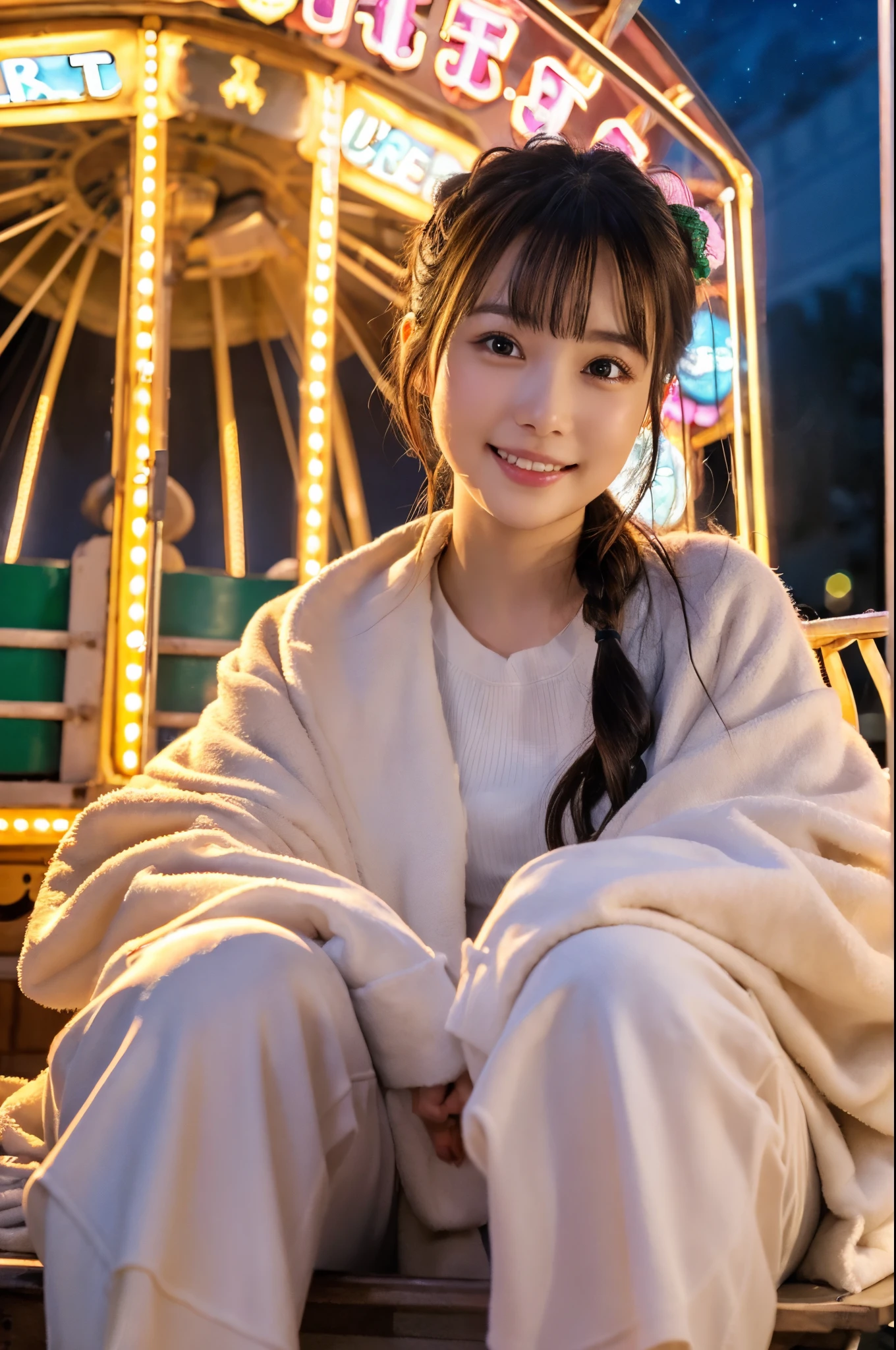 ulzzang -6500-v1.1, (Raw photo:1.2), (Photorealsitic), a beautiful detailed girl, (Real: 1.4), extremely detailed eye and face, beatiful detailed eyes, ((sitting inside the ferris wheel at night:1.3)), ((Thick coat:1.3))、selfee、Instagram、game_nffsw, huge filesize, hight resolution, ighly detailed, top-quality, [​masterpiece:1.6], illustratio, ighly detailed, nffsw, finely detail, top-quality, 8k wallpaper, Cinematographic lighting, 1girl in, 17 age, perfect body type, cute droopy eyes beautiful big eyes、Pieckfinger, ((masutepiece)), Best Quality, 1girl in, eye shadow,  Portrait, ((FULL BODYSHOT:1.4))、(Very affectionate smile:1.2)、realistic skin textures、shinny skin、Exposed thighs!!!