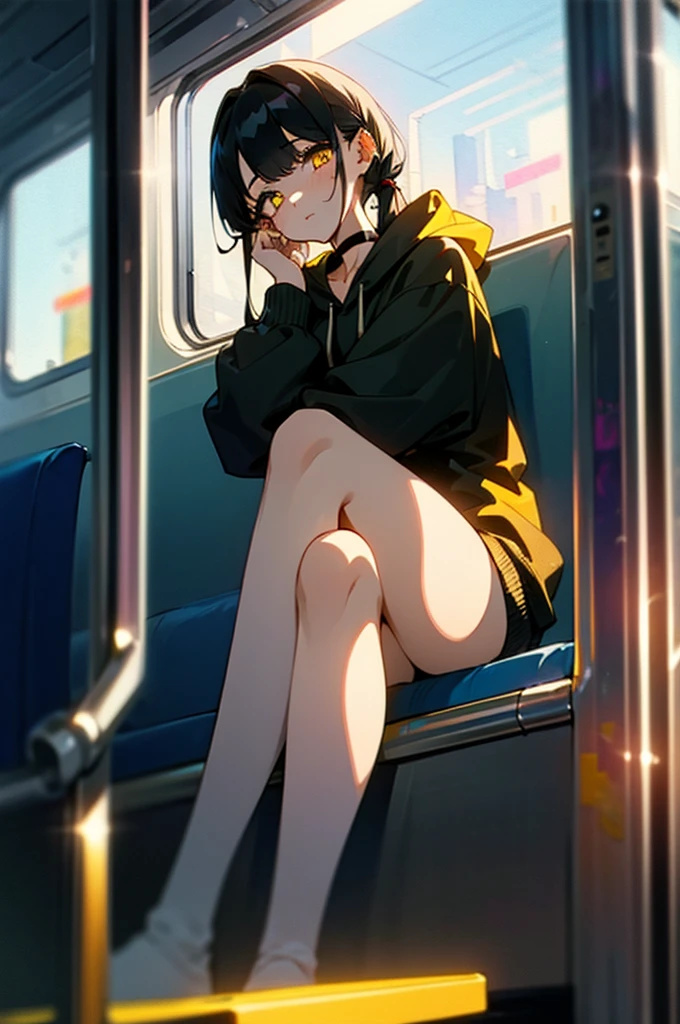 (masterpiece, best quality, 4k, insane details, watercolor, 1girl), long black hair, long twintails, cute hair pins, yellow eyes, choker, wearing a long black hoodie that covers her thighs, oversize clothes, sitting inside a train, leaning on the train window, cell shading, aesthetic, vibrant, perfect body, perfect hands, perfect eyes, detailed eyes, bokeh, reflections, cold atmosphere, transportation_by_window,