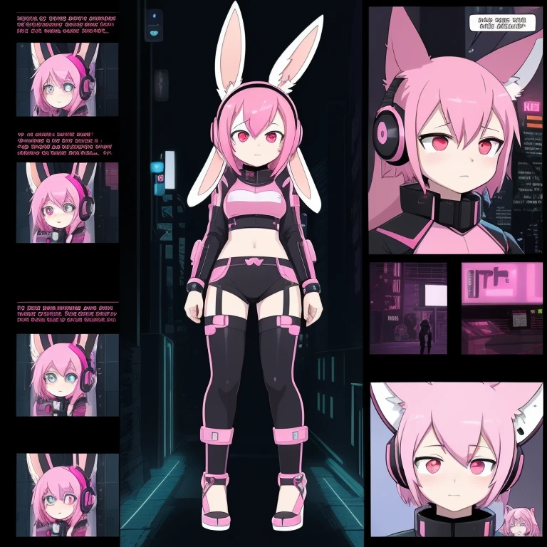 Best Quality，masutepiece，comic strip，cyberpunk outfits，，Cyberpunk girl wearing cat-eared headphones，anklets，((Pink hair，Features of rabbit eared headphones，cyber punk Girl，erect ears))，red eyeunny tail），Cities of the near future、