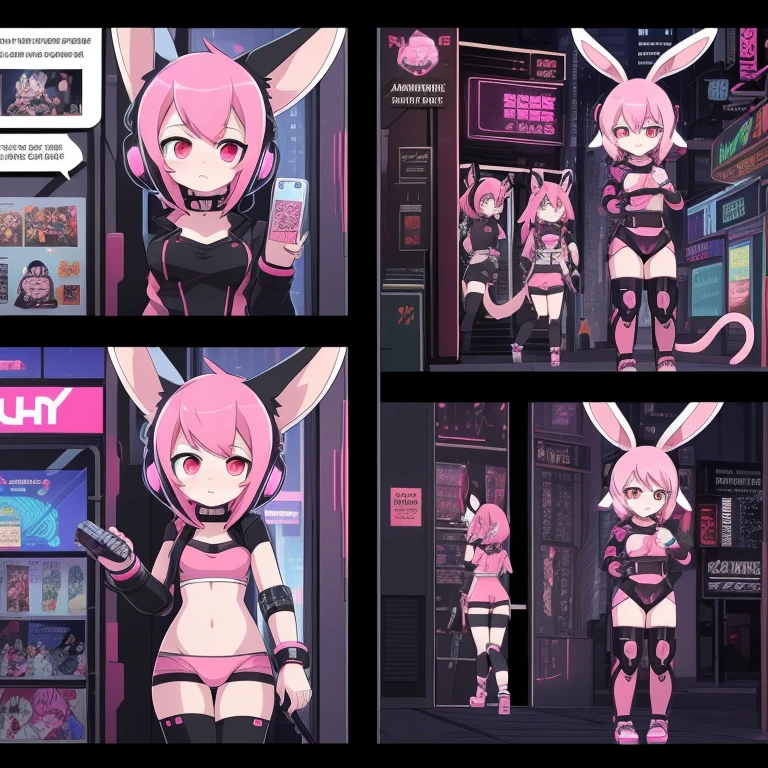 Best Quality,masutepiece,comic strip,cyberpunk outfits,,Cyberpunk girl wearing cat-eared headphones,anklets,((Pink hair,Features of rabbit eared headphones,cyber punk Girl,erect ears)),red eyeunny tail),Cities of the near future、