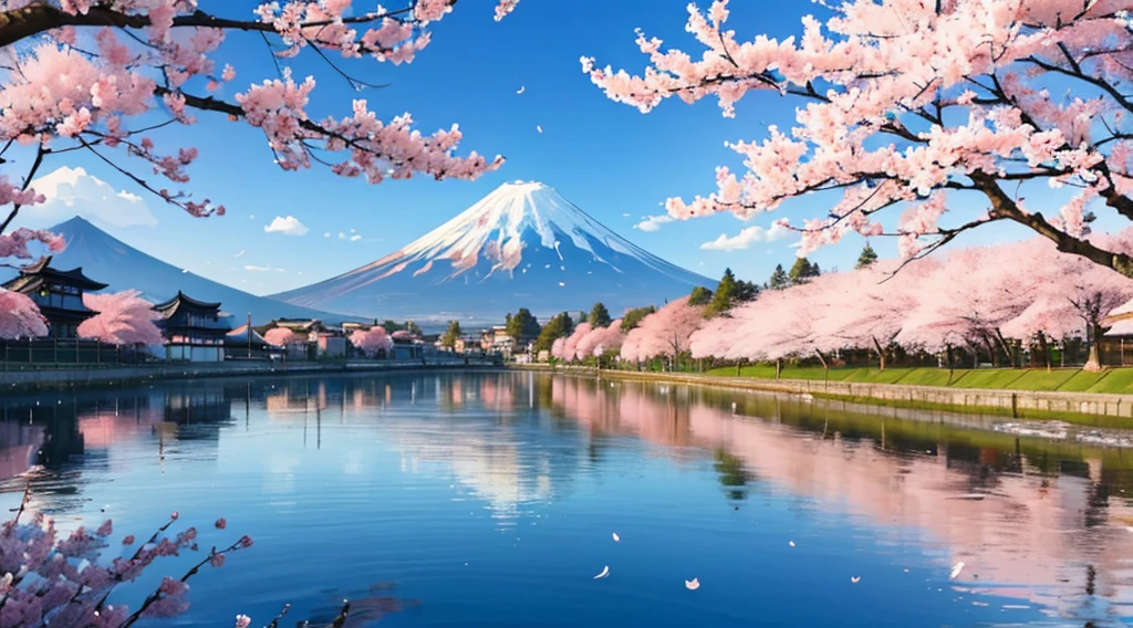 Monte fuji, visto do lago, clouds all over the sky, um sol entre a nuvem central, cherry blossom trees on the banks of the lake, old Japanese-style houses on the banks of the lake, 4k, detalhado, ceu bonito.