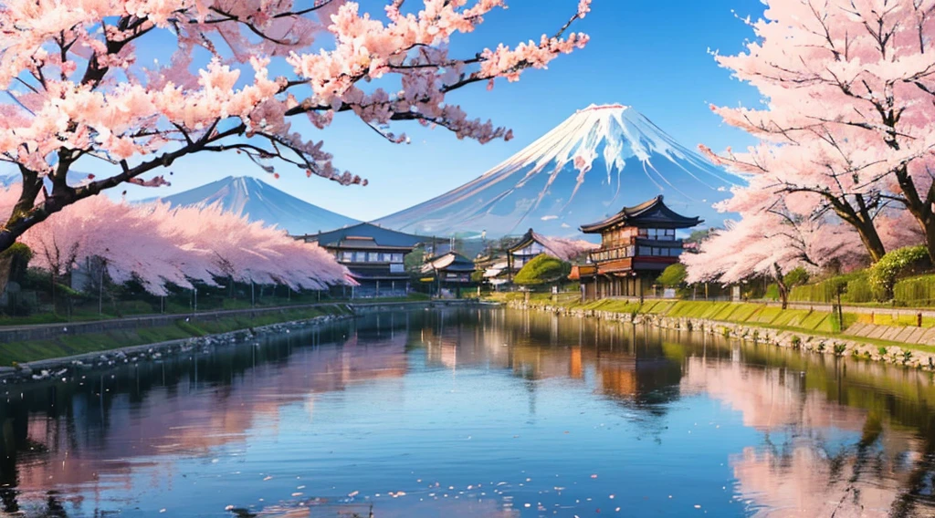 Monte fuji, visto do lago, clouds all over the sky, um sol entre a nuvem central, cherry blossom trees on the banks of the lake, old Japanese-style houses on the banks of the lake, 4k, detalhado, ceu bonito.