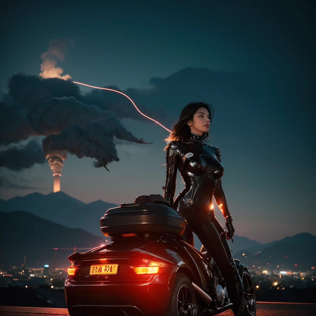 Mountains of scrap metal, towering smokestacks spewing plumes of toxic smoke, skeletal structures of long-dead factories casting eerie shadows.Chrome and flesh seamlessly intertwined, pulsating veins visible beneath the paint, organic cables feeding directly into the engine.Form-fitting bodysuit, chrome implants glinting in the neon light, adrenaline coursing through their veins.A lone rider silhouetted against the city's skyline, the pulsating hum of the engine a heartbeat in the neon night.