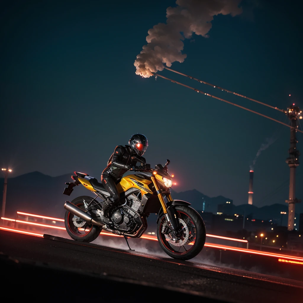 Mountains of scrap metal, towering smokestacks spewing plumes of toxic smoke, skeletal structures of long-dead factories casting eerie shadows.Chrome and flesh seamlessly intertwined, pulsating veins visible beneath the paint, organic cables feeding directly into the engine.Form-fitting bodysuit, chrome implants glinting in the neon light, adrenaline coursing through their veins.A lone rider silhouetted against the city's skyline, the pulsating hum of the engine a heartbeat in the neon night.