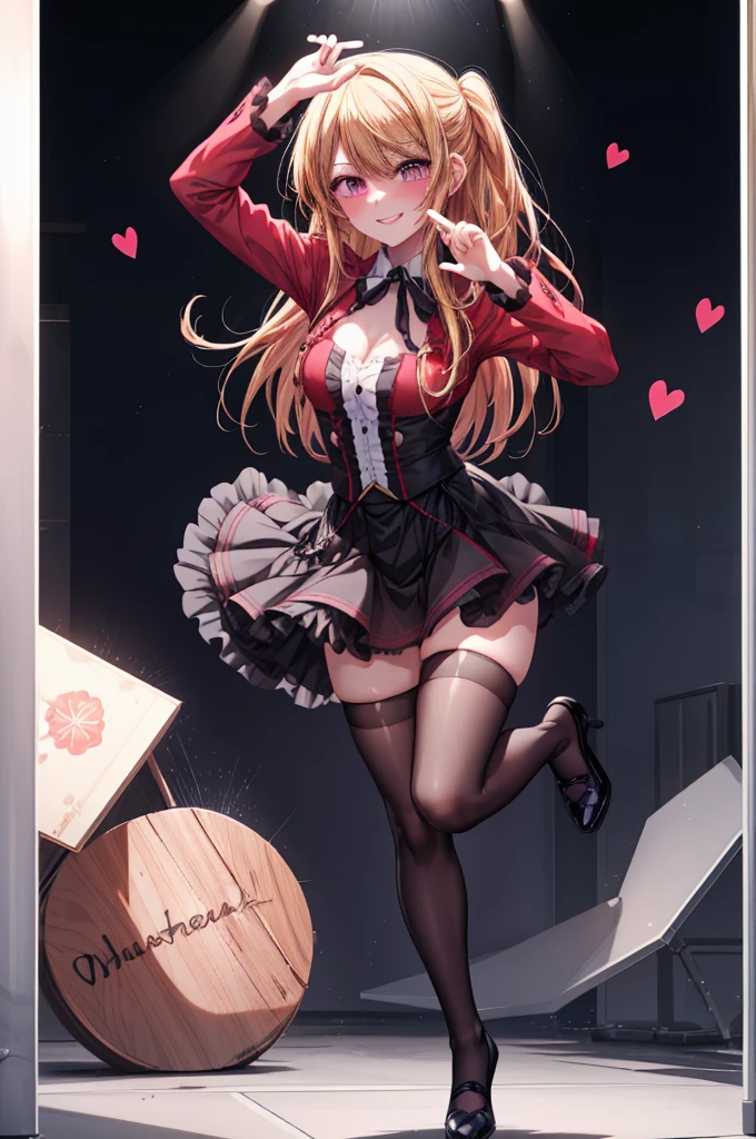 anime, beautiful face, highly detailed face, detailed perfect eyes, perfect hair, perfect lips, accurate arms, accurate hands, perfect legs accurate footware. highly detailed background, front lighting, perfect lighting, full body, 1girl, solo, ruby hoshino, ruby, oshi no ko, heels, blonde hair, thighhighs, stockings, absurdres, high res, ultrasharp, 8K, masterpiece, looking at viewer, (sexy pose:1.5), (full body:1.5), idol outfit, idol, revealing idol, skirt, cleavage, stockings, dynamic pose, full of delight, smiling full of compassion, blushed, on a stage, concert, performing on stage, a love heart with hands