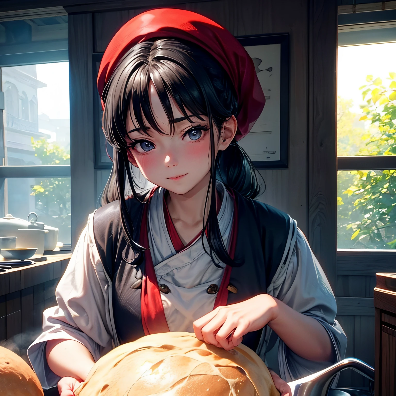 - The dough is carefully kneaded、I will explain how to put it in the oven.。The beauty of the finish is emphasized。Black-haired lady with a red hat