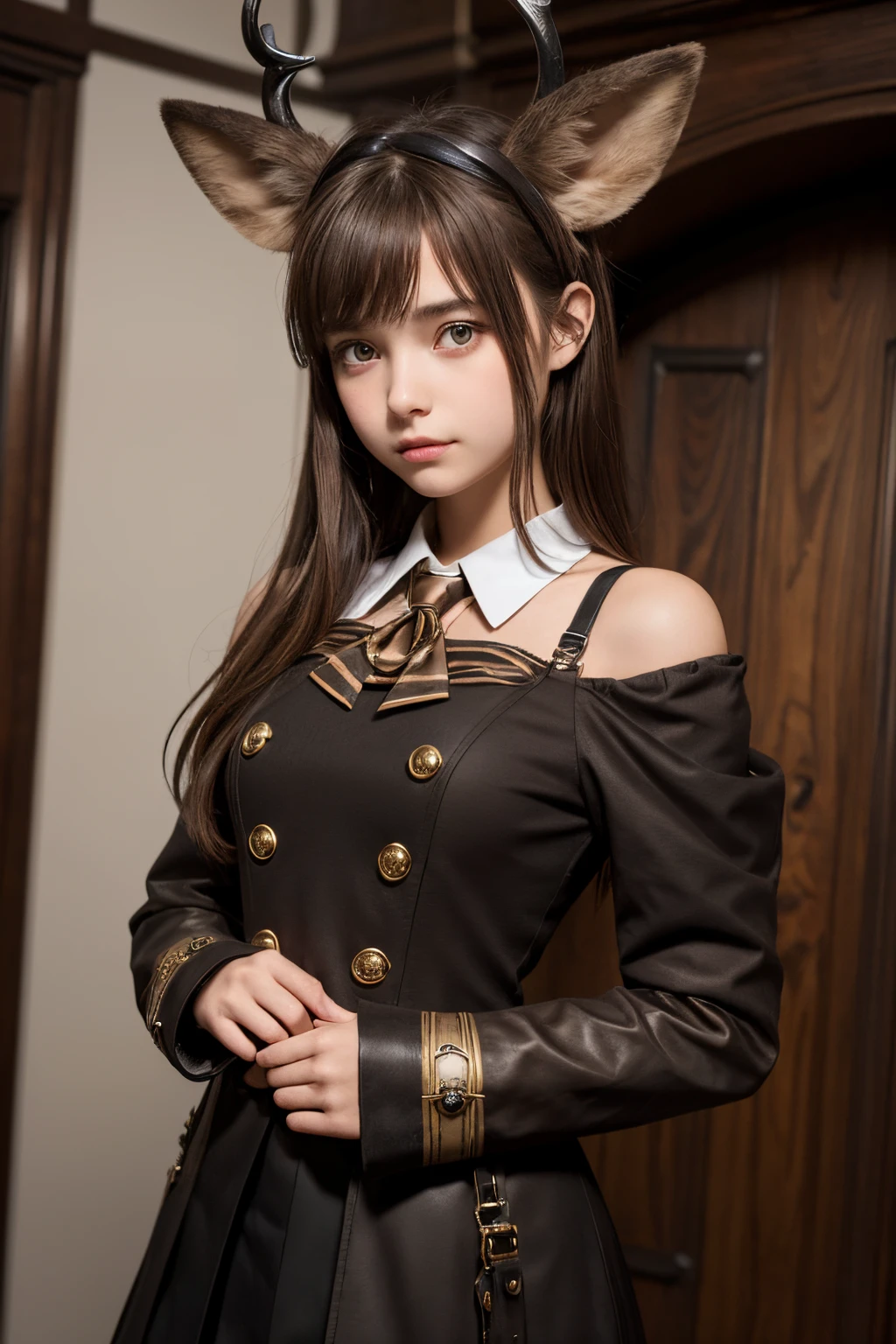 (1Girl 19yo, Ocidental, Shoulder-Length Brown Hair, two cute little petite deer horns in her head), Wearing black steampunk academy uniform,