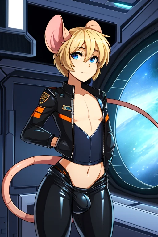 Mouse boy, very feminine features, thin sexy feminine body, flat chest, short hair, has mouse ears and mouse tail no human ears, dirty blonde hair and blue eyes. Dressed in orange and black sci-fi leather pilot suit, cropped jacket. very large bulge in pants.
Setting: Space station