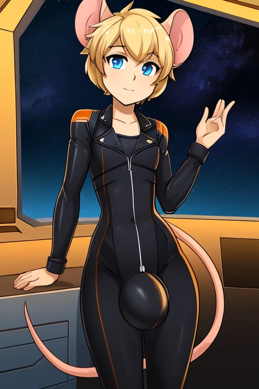 Mouse boy, very feminine features, thin sexy feminine body, flat chest, short hair, has mouse ears and mouse tail no human ears, dirty blonde hair and blue eyes. Dressed in orange and black sci-fi leather pilot suit, cropped jacket. very large bulge in pants.
Setting: Space station