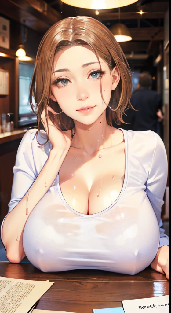 (8K, 超A high resolution, masterpiece of best quality, professional-grade detailed wallpaper, Ultimate very detailed everything, anime image, Game CG), Perfect human body、A detailed face、A detailed eye、 (inely detailed beautiful eyes, heart shape eyes, large boob, cleavage, Gigantic , Very perfect anatomy body parts, Very perfect , White skin), (Spoken Heart)、(((Mole under the eyes、Sweat、Oil,gleaming skin、realistic skin textures、Detailed beautiful skin、Shiny skin、shiny white skin))),
Break Girl, (:1.3), Ultra detailed eyes, Beautiful lips:0.8), Full body diagram、reflecting light、bokeh shading background、randome pose、Smiling sadly while tipping a beer jack in a lively pub、Red face、Drunk、POV、white shirt、OL Clothes、officeworker、Female Boss、