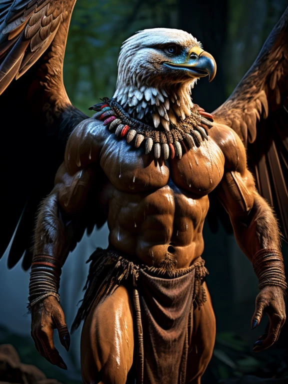 sweat drops, photography, (cool posing:1.1025), , ultra realism shading, anthro, eagle, photorealistic, nude, suggestive, (rembrandt:1.1025), eagle wings, huge pecs, tribal, warrior, biceps, (loincloth:1.05), tiny small waist, slim hunk, nsfw, white belly