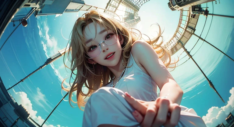 ( Masterpiece, best quality , shot from below , 75mm lens, fisheye:1.2 ), ((pov from below:1.4)), (( beautiful, luxurious, greenhouse dome with transparent glasses:1.5, high detailed, reflection on glass, ( 1woman_/(kimtaeyeon/), narrow face, strong jaw, plump cheeks, dark hair with blonde highlights, loving smile, beautiful eyes, caring smile, wearing beach summer ootd ), ( cinematic lighting, backlit, soft light)