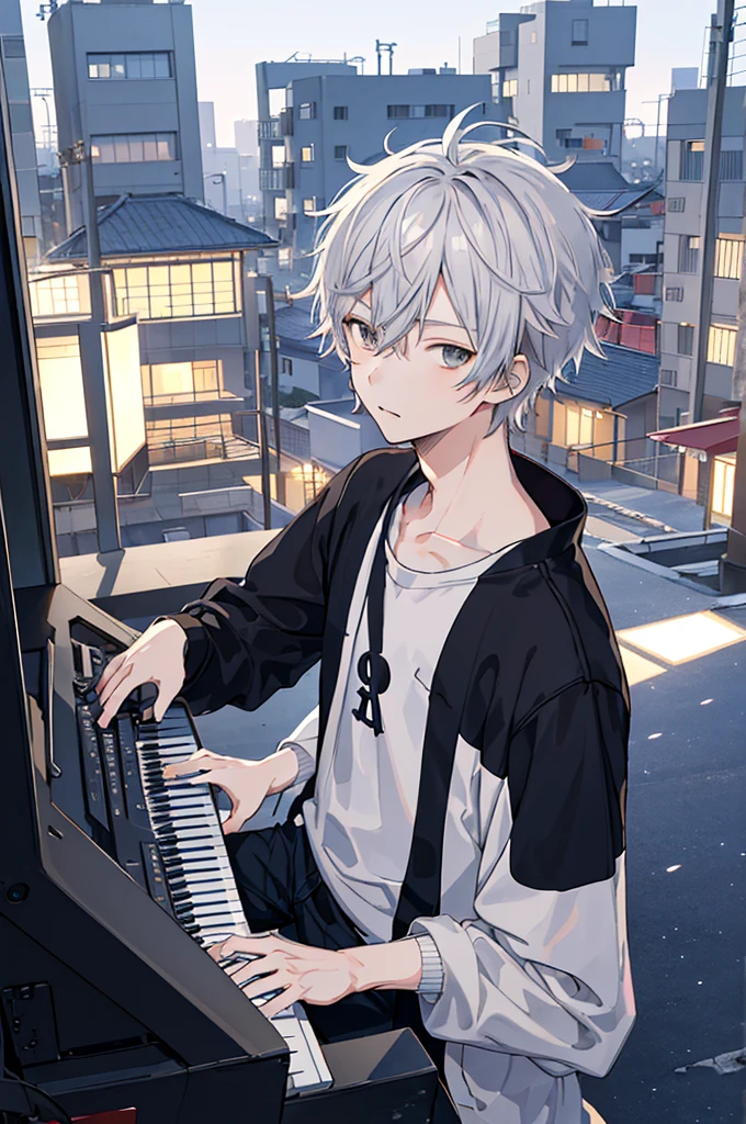 Detailed anime style, tmasterpiece, Studio quality, 6k, fully body photo, 1 boy, high school senior,keyboardist, Has gray eyes, Rochas, Sweatshirt, White hair, live house,detailedbackground, Japanese modern town, complementary lights, detailed shadow, Digital texture painting