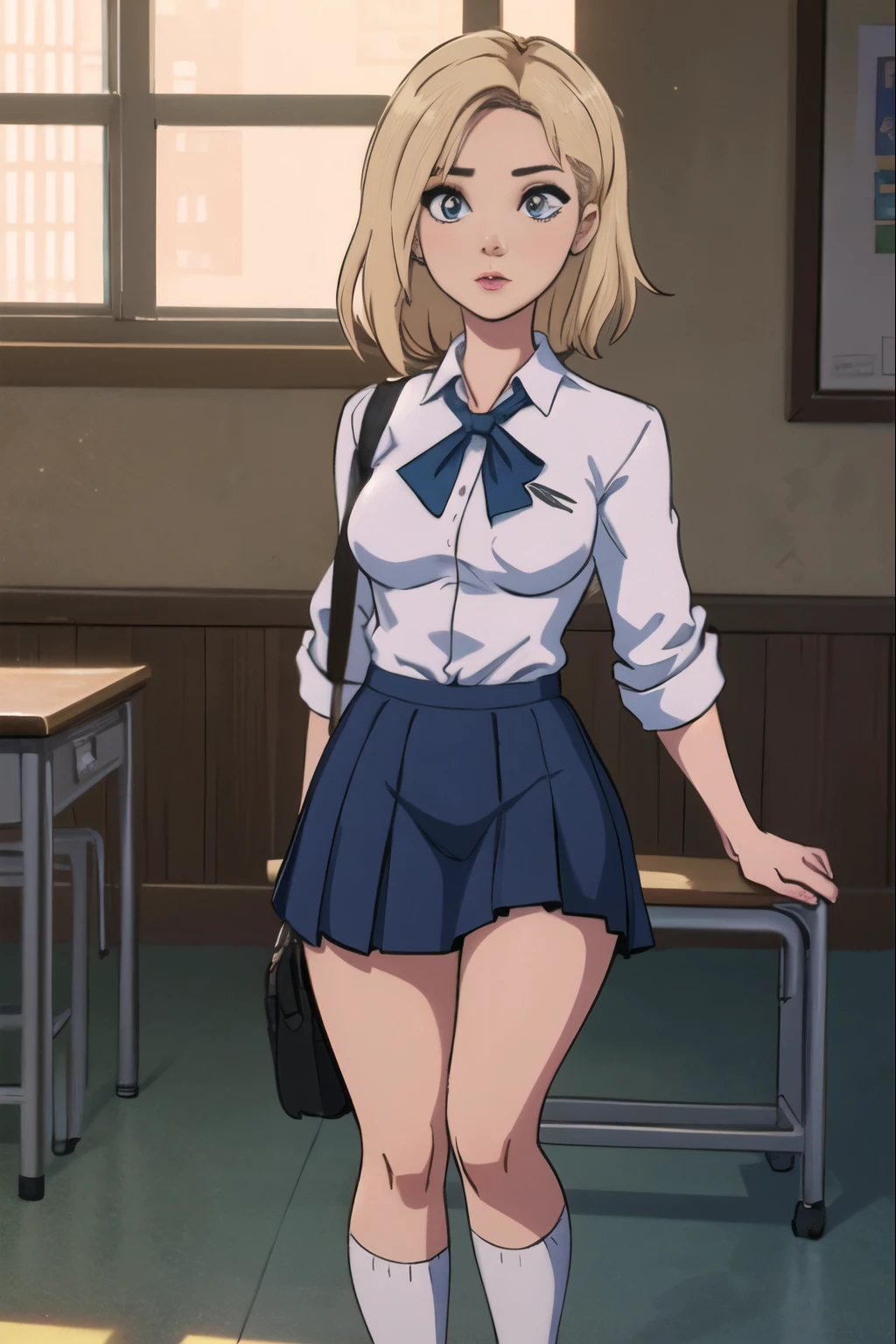 realistic, realism, photorealism, photo-realistic, high contrast, (photorealistic:1.4), (perfect female figure), 8k high definition detailed realistic, (best quality, masterpiece:1.2), photon mapping, radiosity, physically-based rendering, best quality, highly detailed, 1girl, sgwen, indoor, school, school uniforms,