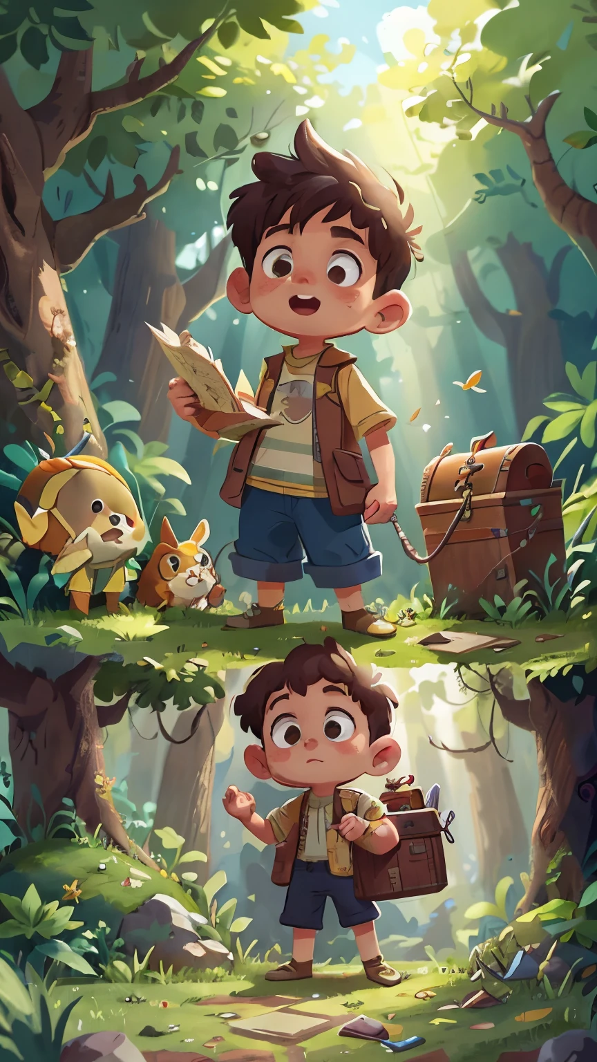 boy with one hand and foot standing in the sunny backyard, holding an old, dusty treasure chest. She curiously opens it and finds an ancient map, her eyes wide with excitement as she unfolds it, revealing a path through the enchanted forest near her home.