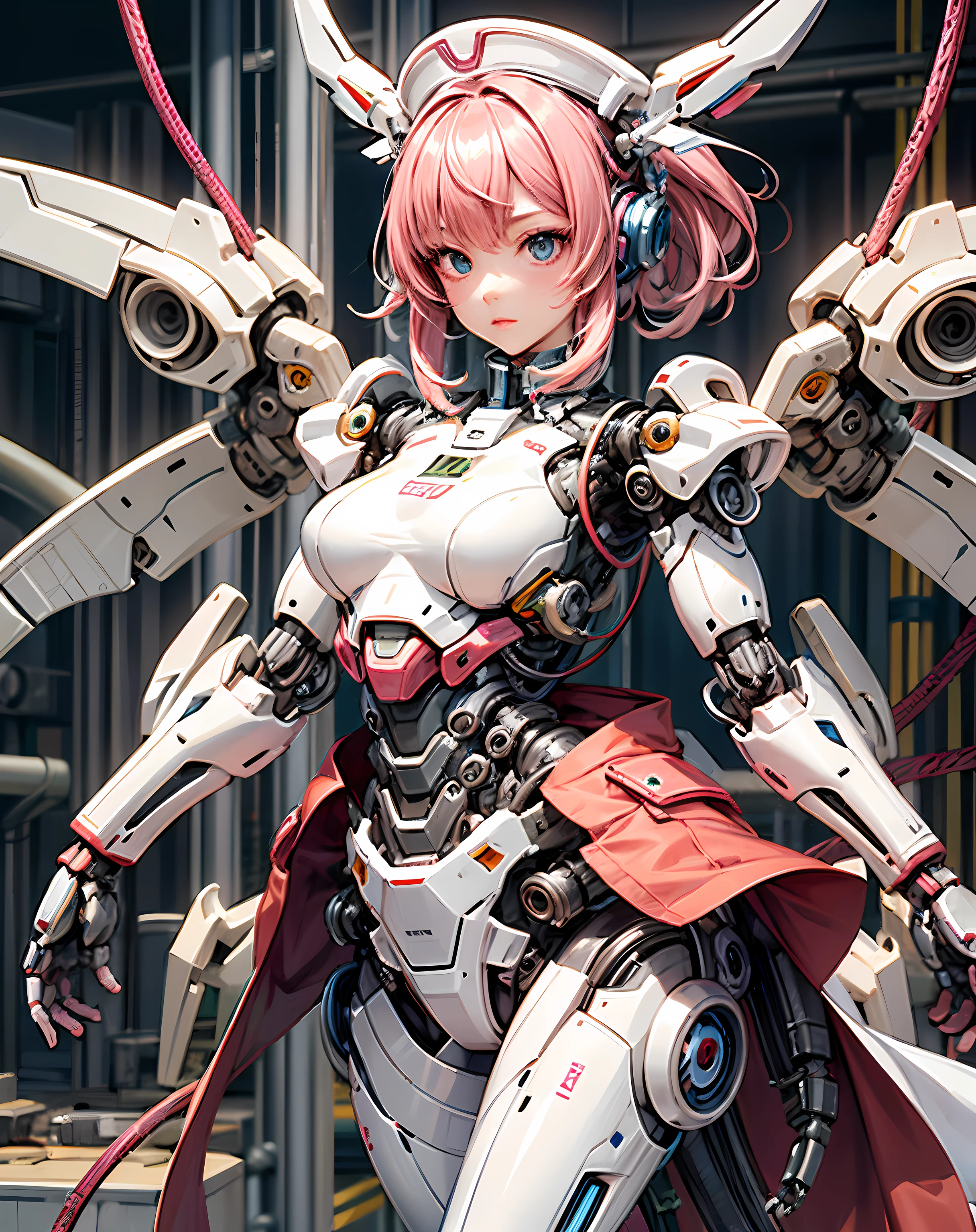 pink haired one、Close-up of robot wearing pink and white suit, anime robotic mixed with organic, Mechanized Valkyrie, Mecha Net Armor Shao Mecha, full robot!! girl, biomechanical oppai, # mechs, Mechanized female soldiers, action figure mecha, anime mecha aesthetic, cyberpunk anime girls mecha