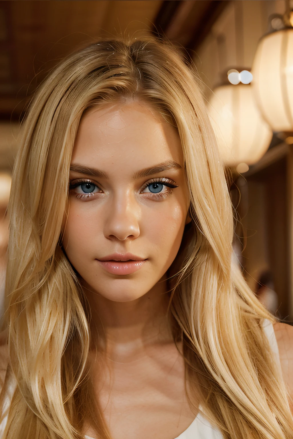 a close up of a woman with long blonde hair and blue eyes, beautiful blonde girl, beautiful model girl, beautiful blonde woman, a gorgeous blonde at a very expensive restaurant