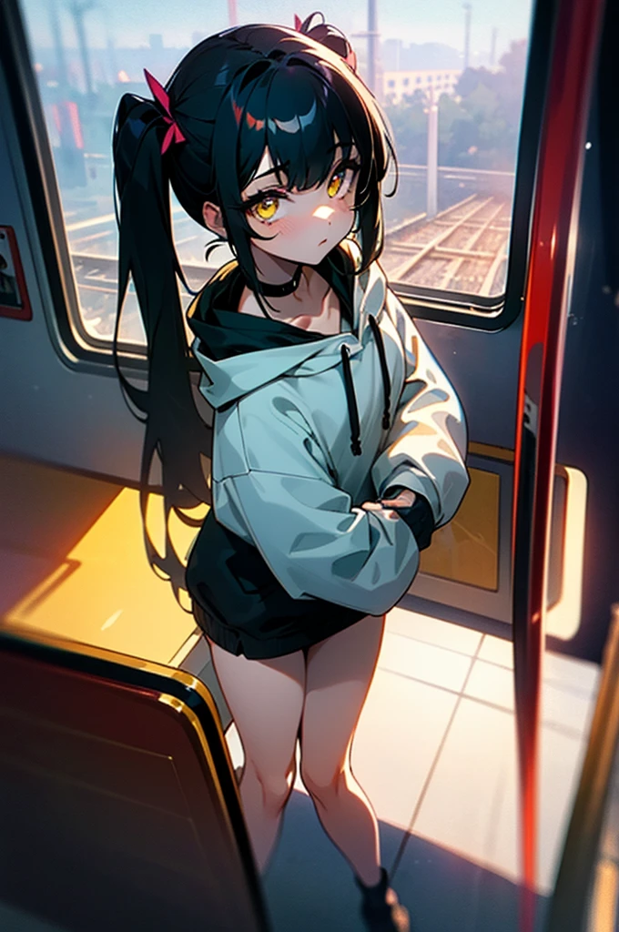 (masterpiece, best quality, 4k, insane details, watercolor, 1girl), long black hair, long twintails, cute hair pins, yellow eyes, choker, wearing a long black hoodie that covers her thighs, oversize clothes, sitting inside a train, leaning on the train window, cell shading, aesthetic, vibrant, perfect body, perfect hands, perfect eyes, detailed eyes, bokeh, reflections, cold atmosphere, from above