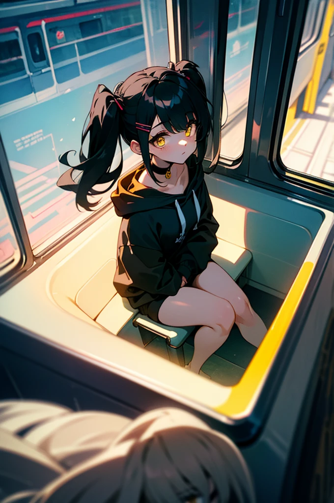 (masterpiece, best quality, 4k, insane details, watercolor, 1girl), long black hair, long twintails, cute hair pins, yellow eyes, choker, wearing a long black hoodie that covers her thighs, oversize clothes, sitting inside a train, leaning on the train window, cell shading, aesthetic, vibrant, perfect body, perfect hands, perfect eyes, detailed eyes, bokeh, reflections, cold atmosphere, from above