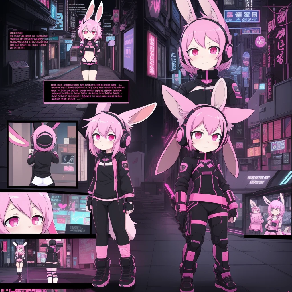 Best Quality,masutepiece,comic strip,cyberpunk outfits,,Cyberpunk girl wearing cat-eared headphones,anklets,((Pink hair,Features of rabbit eared headphones,cyber punk Girl,erect ears)),red eyeunny tail),Cities of the near future、