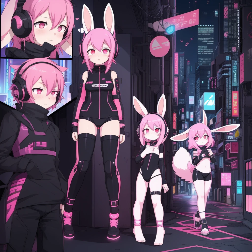 Best Quality，masutepiece，comic strip，cyberpunk outfits，，Cyberpunk girl wearing cat-eared headphones，anklets，((Pink hair，Features of rabbit eared headphones，cyber punk Girl，erect ears))，red eyeunny tail），Cities of the near future、