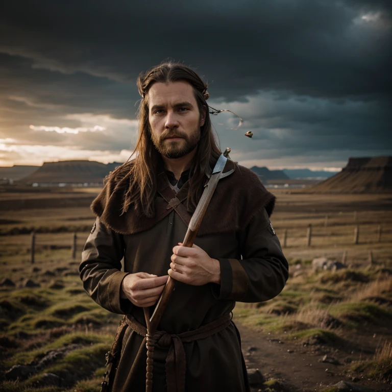 Icelandic man standing wearing ancient Icelandic clothing and holding a bow and arrow, staring straight into the lens, slight worried expression, semi long hair, portrait shot, gloomy cloudy sky