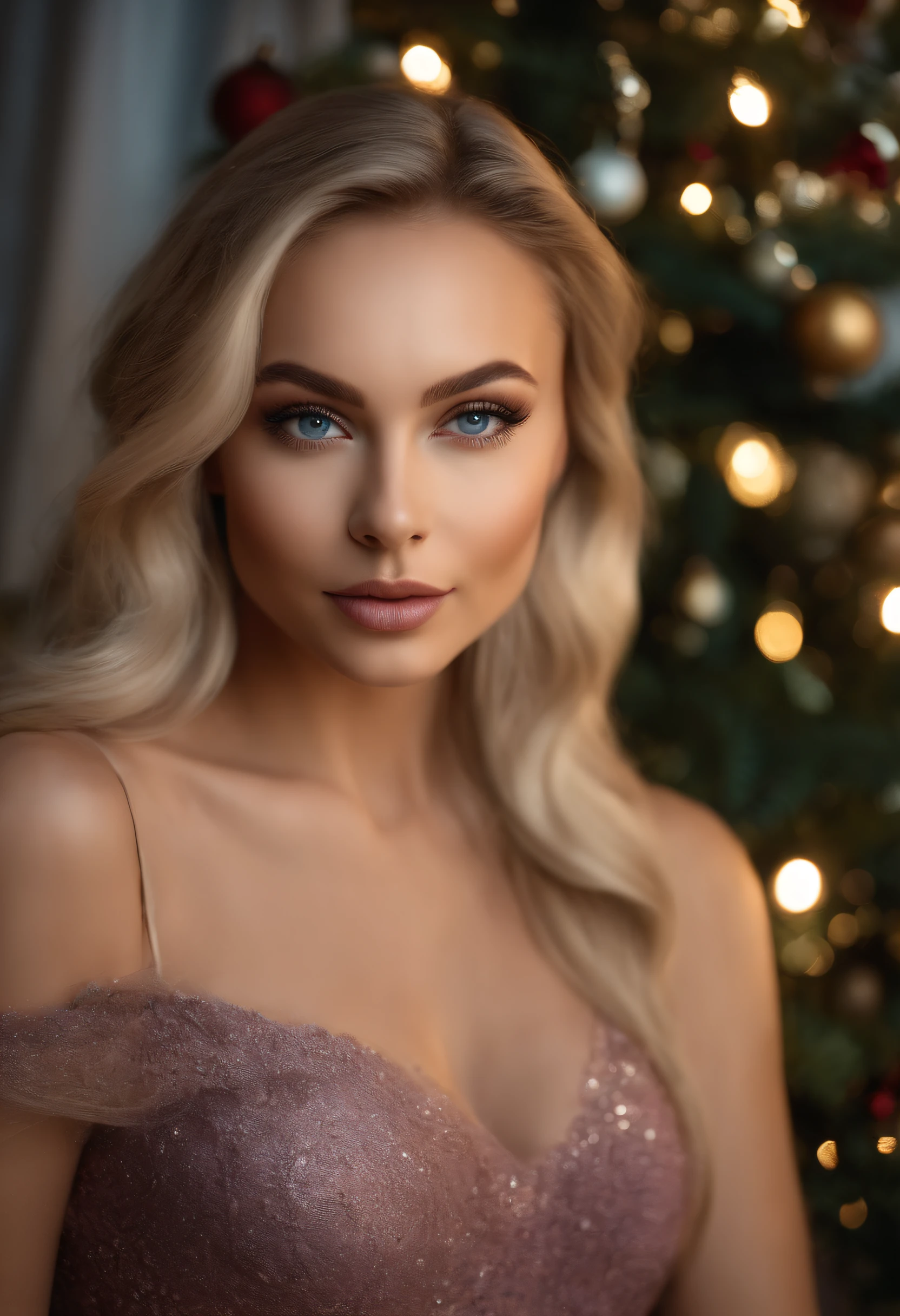 arafed frau voll ,  mit blauen Augen, ultra realistisch, Akribisch detailliert, portrait sophie mudd, blonde hair and large eyes, Selfie einer jungen Frau, Augen im Schlafzimmer, Violet Myers, ohne Make-up, Natural makeup, Blick direkt in die Kamera, Gesicht mit Artgram, dezentes Make-up, Stunning full body shot, Weihnachtsbaum im Hintergrund, weihnachtlich