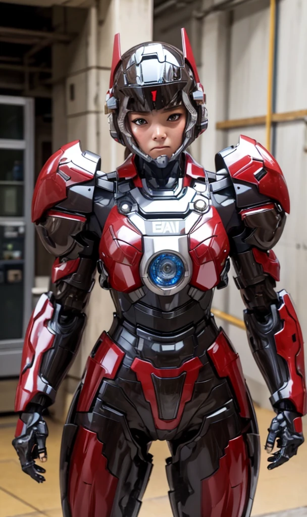 Textured skin, Super Detail, high details, High quality, Best Quality, hight resolution, 1080p, hard disk, Beautiful,(War Machine),beautiful cyborg woman,red and black mecha cyborg girl,Battle Mode,Girl with a Mecha Body(armor red 7、black 3 ratio),She wears a futuristic war machine weapon mech、Very Shorthair、Brown eyes、Sweaty face、tired expression、　Opening Mouth　sexy eye　Steam from the head　kneeking　fullface　Destroyed combat uniforms　heavily damaged armor　Sweaty face　Woman with distressed expression　completely and partially destroyed　Elementary school girls