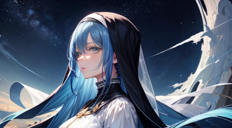 masterpiece, starry sky at the night, unlimited horizon, 1girl, proper clothing, nun, elegant, lady, mature, tall woman, (Topaz blue hair: 1.2), ruins, sky, detailed face, cute face, detailed hair