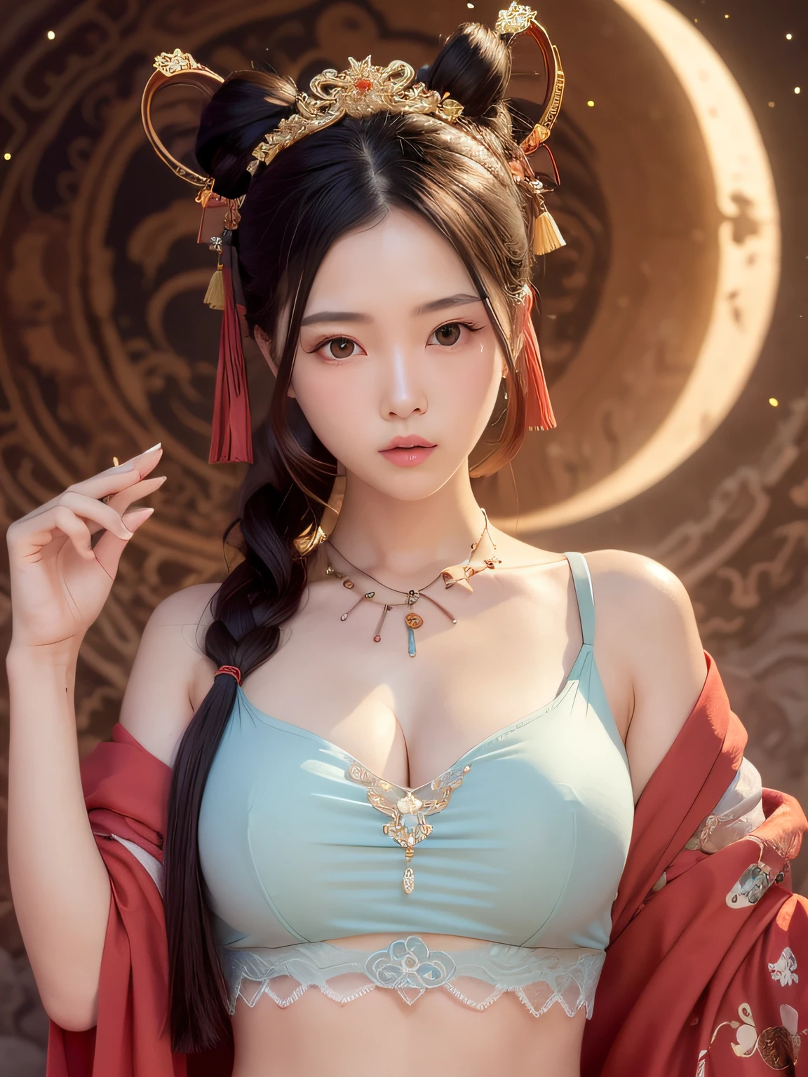 NSFW,tmasterpiece,natta,galactic,themoon,Best quality at best,Full body photo,ancient and true,1 busty girl,Ursan,(pure love face_v1:0.7),1 girl under the moon((flight)),Chinese immortals,dunhuang_Clothes are,dunhuang_Stylized,(Chinese palace in the sky background:1.5),(clouds on the ground:1.5,Smoke surrounds:1.5),Best quality at best,realistically,realistically,Award-winning illustrations,(Complicated details:1.2),(exquisite detailing),(Complicated details),(电影灯光, Best quality backlight), 清晰的线条, fashionable girl, lock focus, photorealiscic face, elaborate faces,Clear eyes, offcial art, Unity 8k壁纸, 超高分辨率, (realistically:1.5), looking at the viewer only, ulzzang-6500,