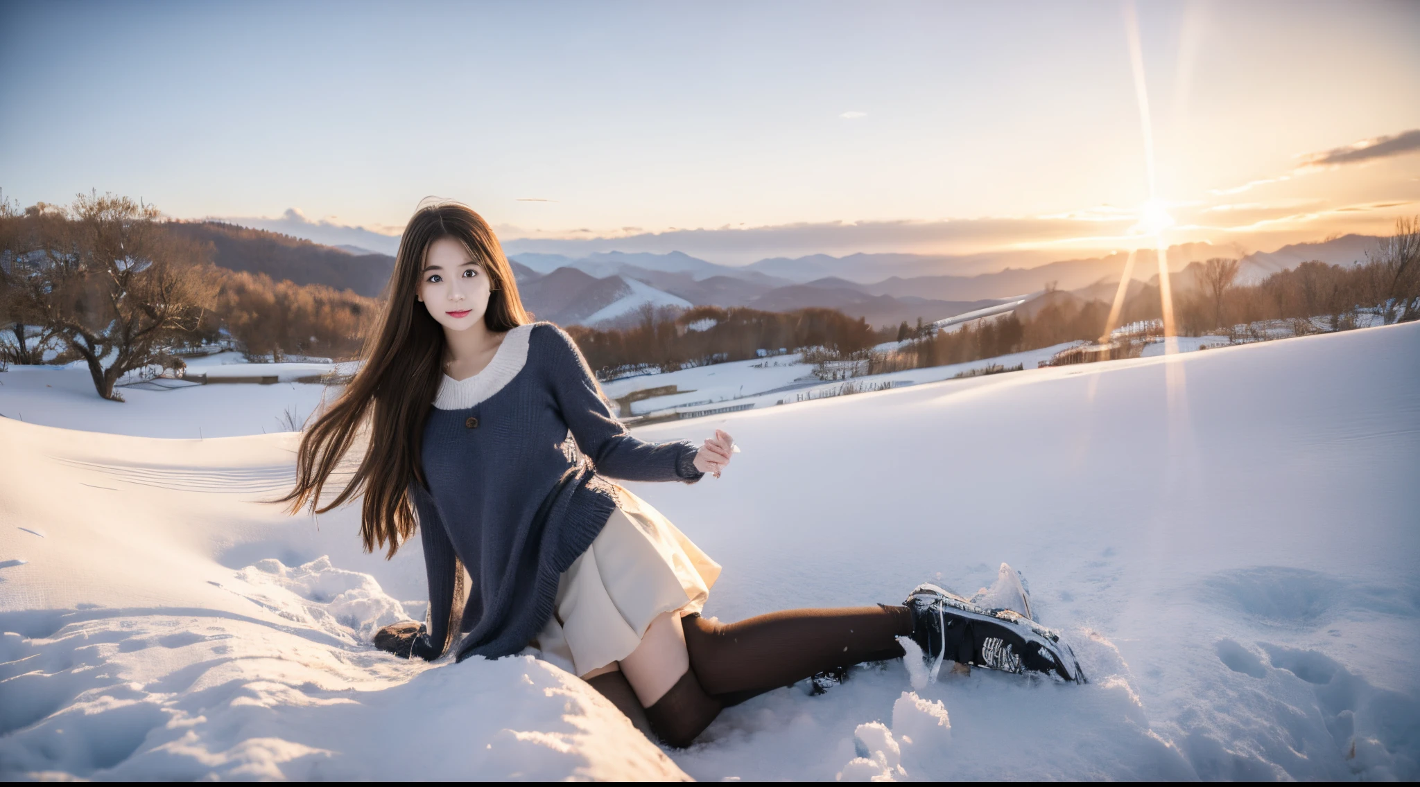 teens girl，Graceful，grassy fields，rays of sunshine，snow-white，whaite hair