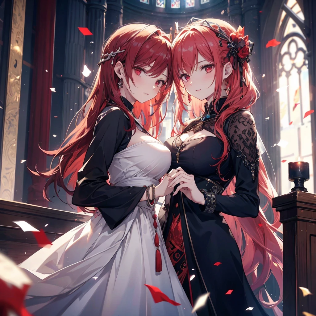 {{{{{eyes narrowly open}}}}},wink,{{{{{one person is depicted}}}}},{{{{{50-year-old old woman}}}}} Best Quality,smirking, 1 old woman,huge tit ,Half-closed eyes, long red hair, Half-up hair, Wearing black and red magician clothes, White inner is visible, hairaccessories,A bracelet,stylish accessories,high detailing, {{{{{Beautiful detailed}}}}},extremely details CG,Detailed texture, Red eyes,stain glass,Inside the chapel,Deities々Right,Delicate background,upper bod,{{{Composition that hides the fingers}}},Hide your hands with sleeves,soio,Confetti,Overwhelming sense of dynamism,Looking Back Pose,Dynamic angles,