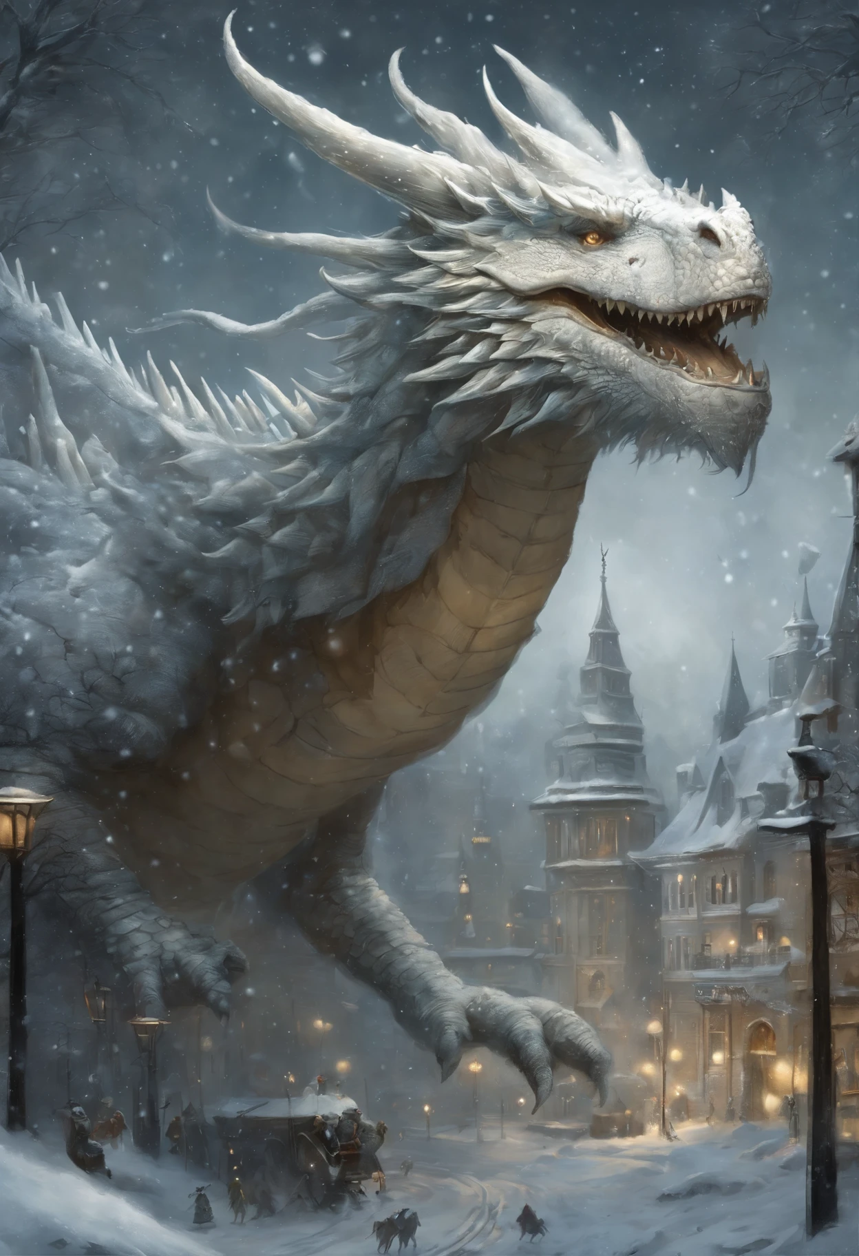 真实感, dark fantasy style, John Tolkien style, Small painting by Jean-Baptiste Monge, winter, Snow is falling, a huge decorated Christmas tree in the city center, a huge white dragon in the center lights up a star on the Christmas tree, area, Christmas tree, large white dragon with a golden crest - boy, anatomically correctly drawn body, Looks like an ancient dragon, The city, megalopolis, city trail, Big Christmas tree, glass skyscraper, Jean-Baptiste Monge, anthropomorphic --ar 2:3 --testp -optimistic;